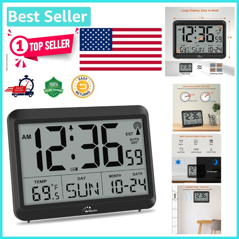 Battery-Powered Digital Atomic Clock - Large LCD, Weatherproof & Alarm Function