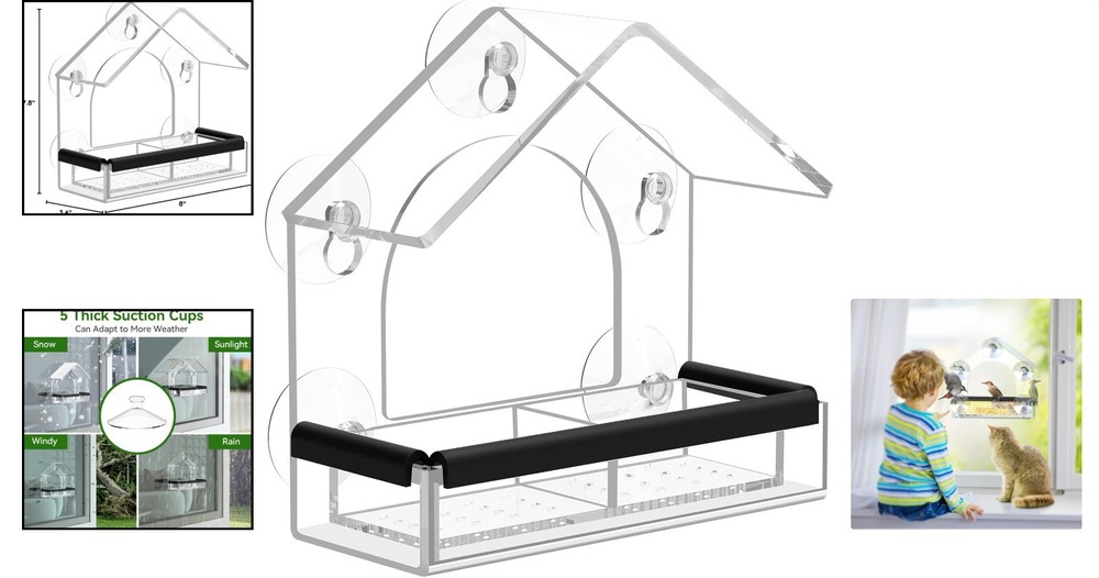 Durable Window Bird Feeder with 5 Extra Strong Suction Cups - Easy Access Tray