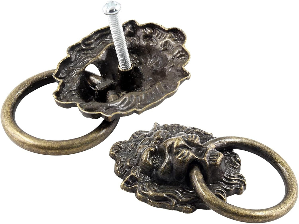 6 Pcs Lion Head Knobs Pull, Antique Bronze Ring Pull Handles for Dresser Drawers