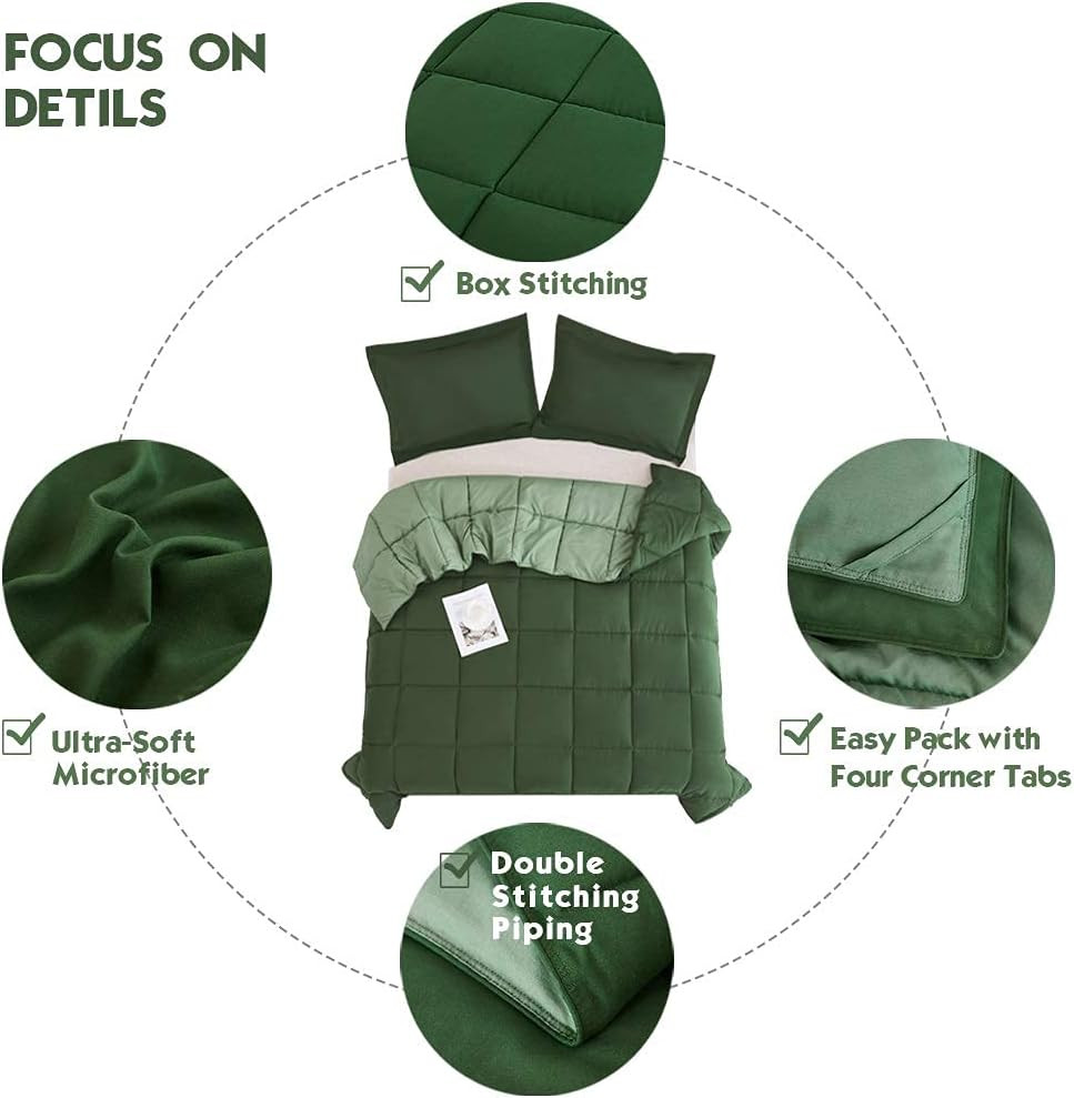 3Pc Green Queen Size Comforter Set - All Season Reversible down Alternative Comf