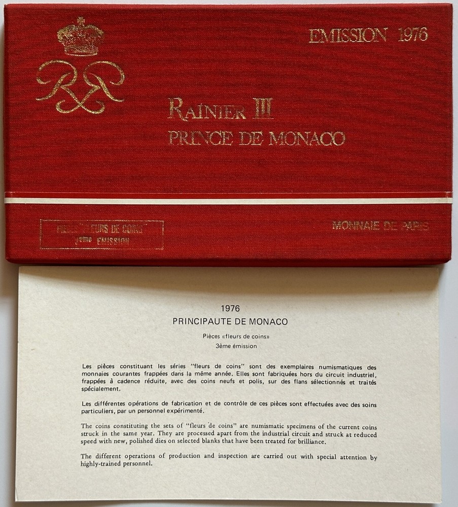 Monaco 1976 FDC Monnaie Paris Mint Specimen Set + Silver 3rd Year Issue SS3