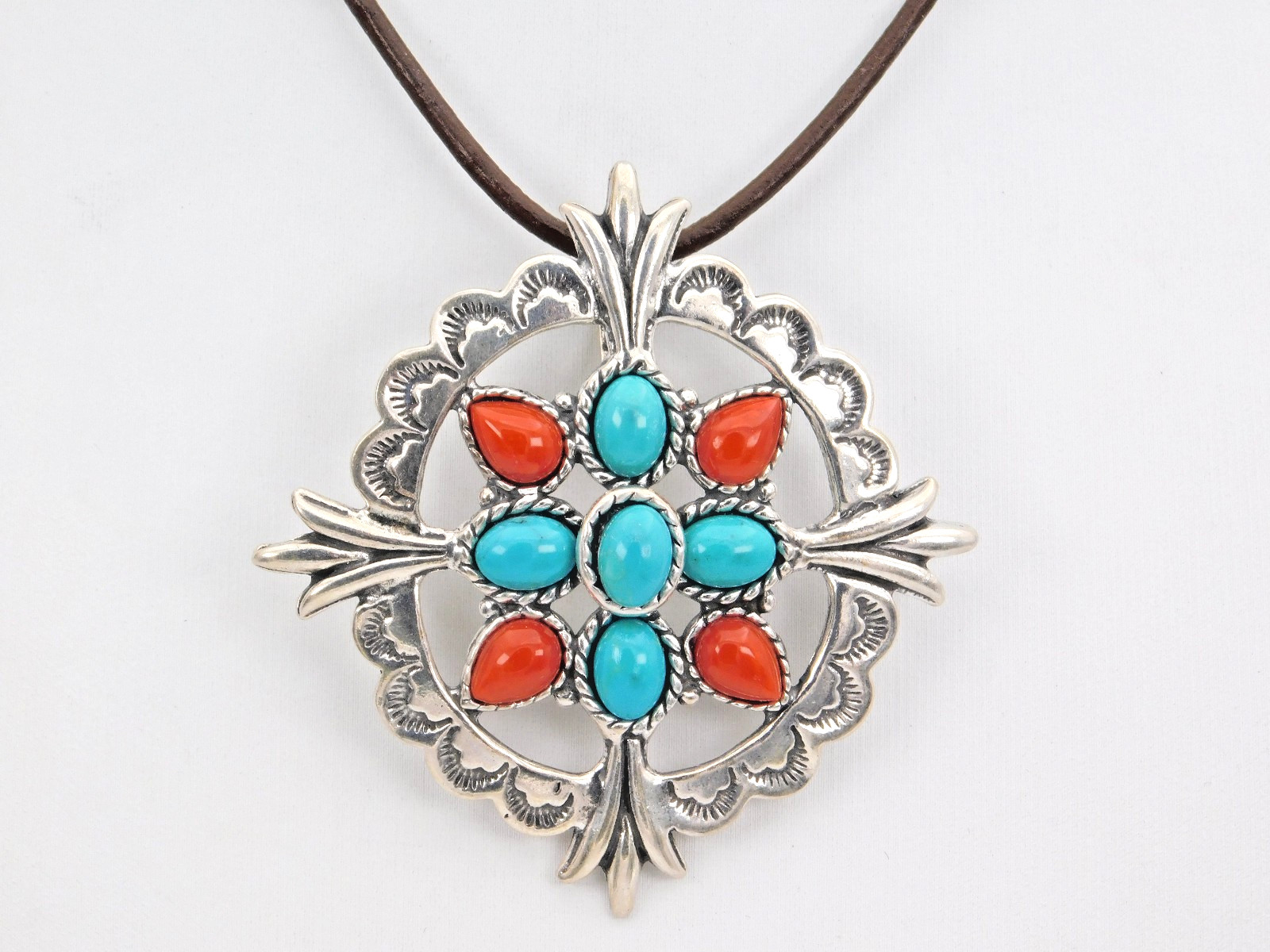 Beautiful Carolyn Pollack Sterling Leather Necklace + Multi-Stone Pendant