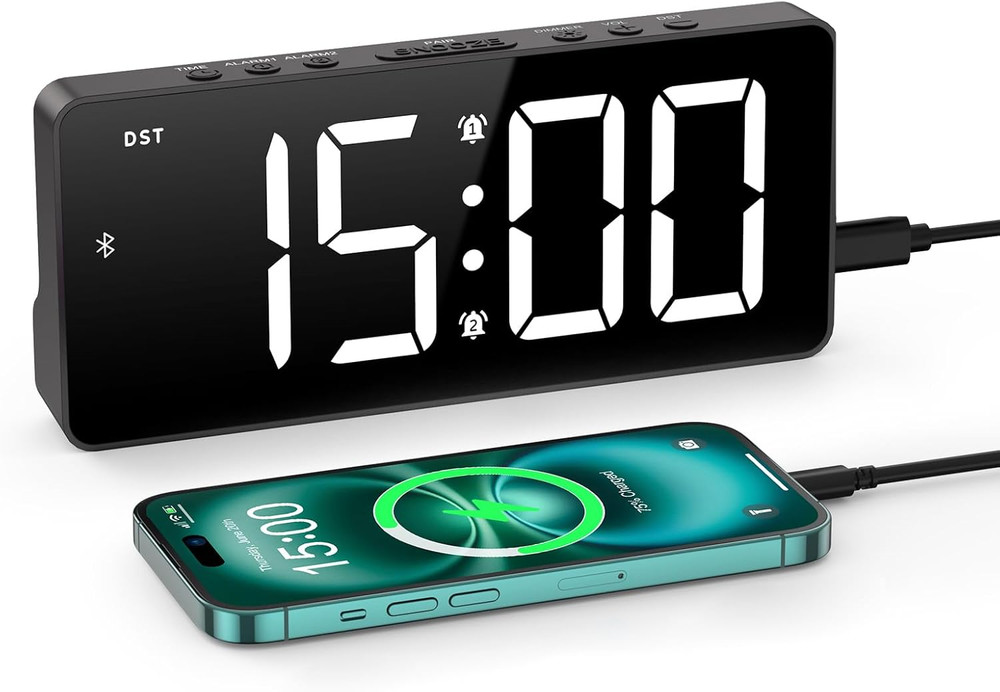 7 Inch Digital Alarm Clock with Bluetooth Sync Time, Auto-Sync Time, Adjustable