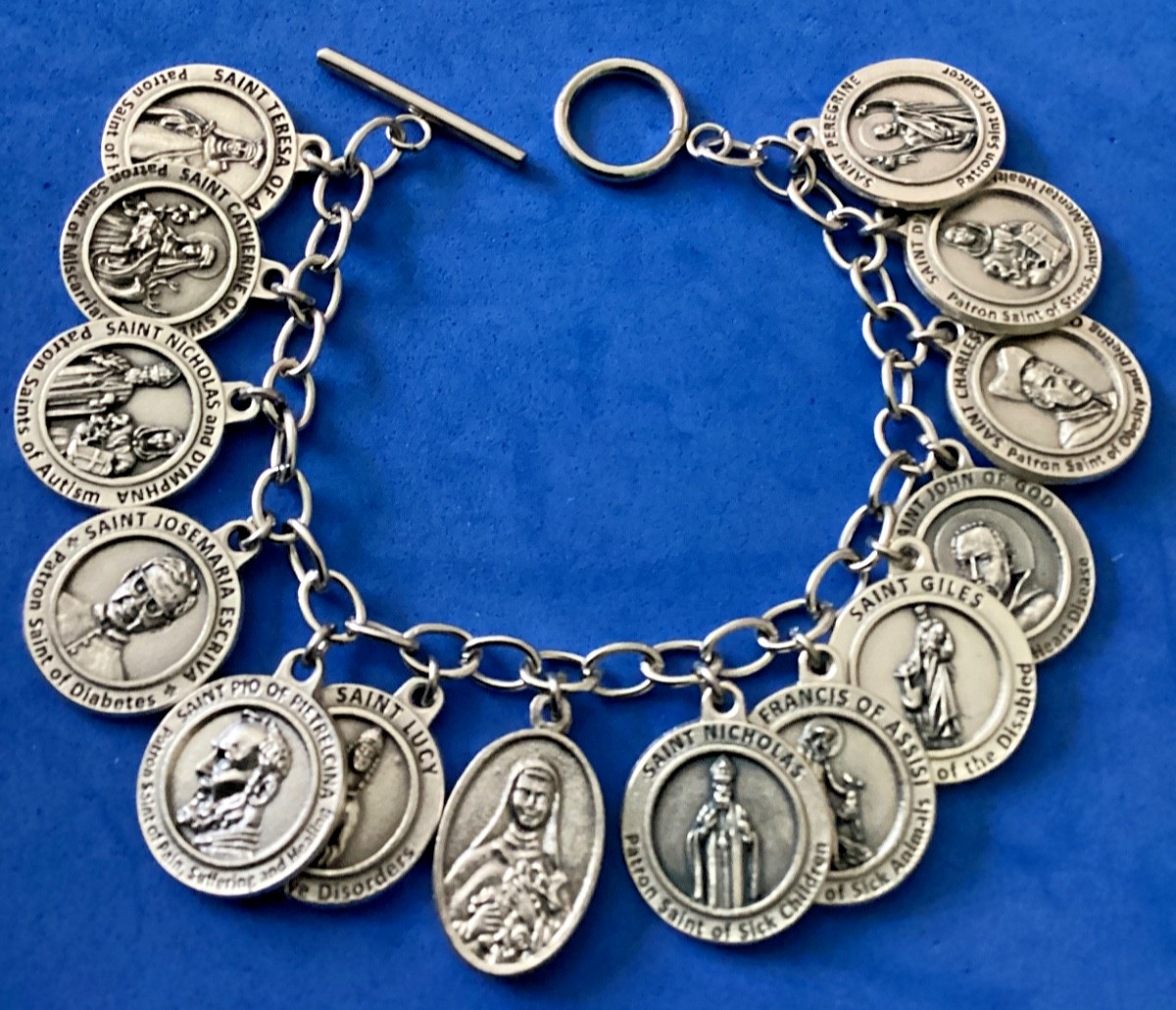 Custom Religious Catholic Saint Medal Charm Bracelet HEALING SAINTS Therese Rose