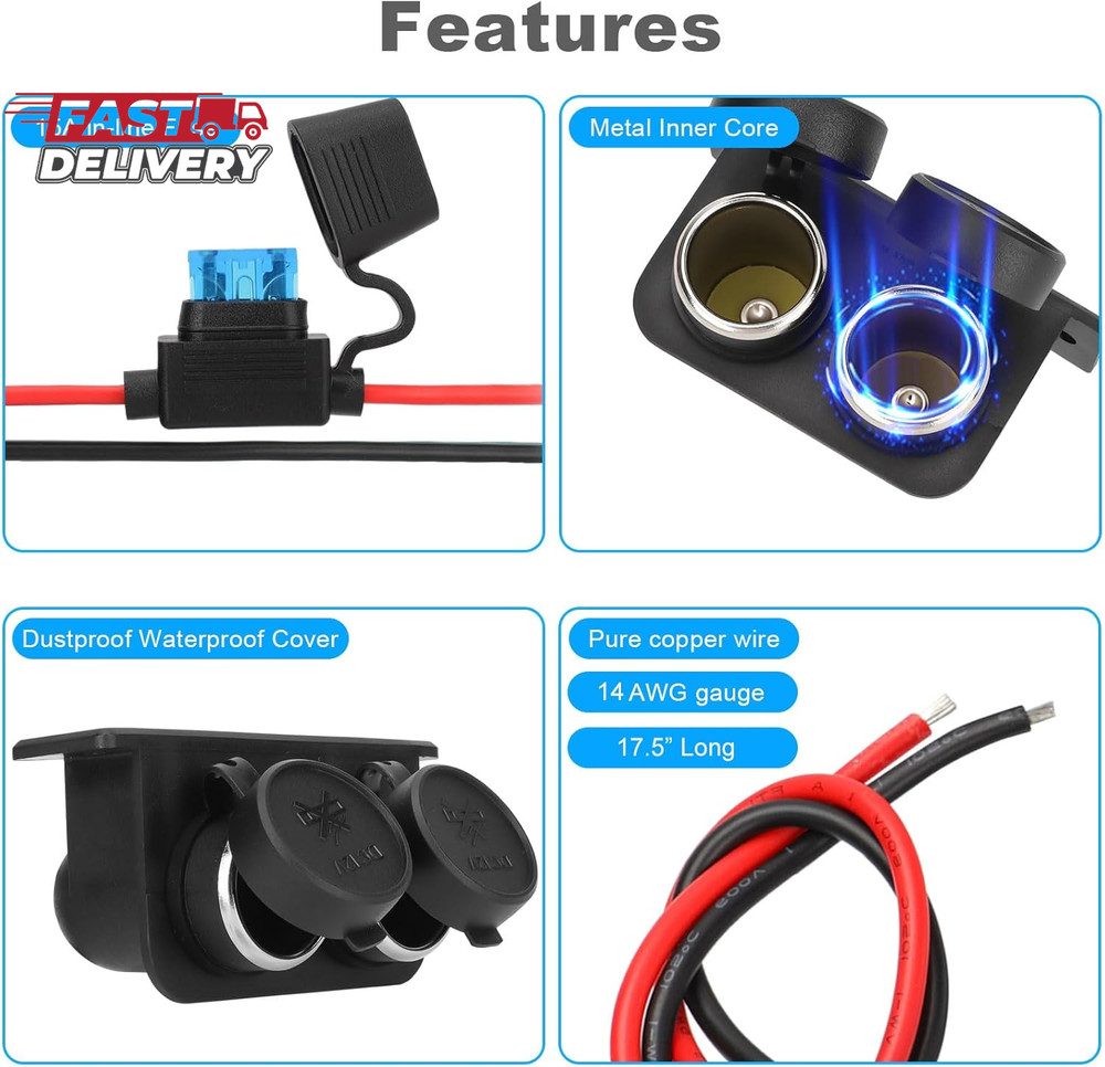 1PCS Cigarette Lighter Socket with Blade Fuse, 2-Socket Cigarette Lighter Splitt