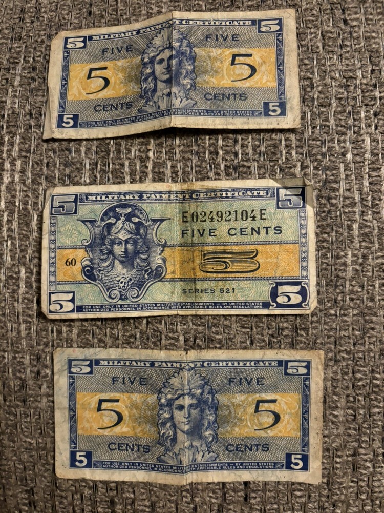 MPC 5 Cents Replacement Note Series 521 Low Serial -1st Printing -(3 Notes)