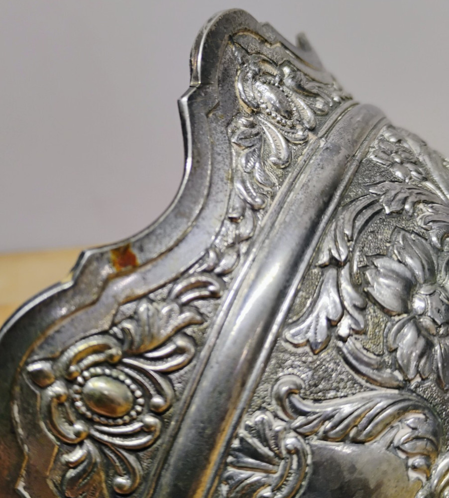 Silver Plated Bowl With Crown Rim & Repoussé Ornate Design Patina 5.5" diameter