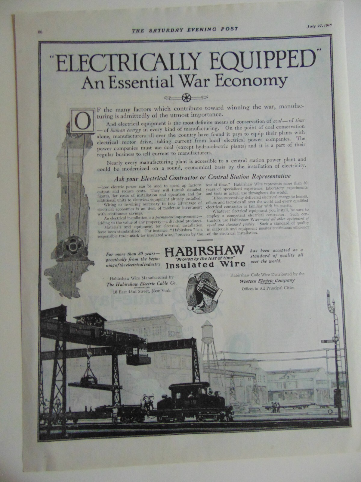 1918 HABIRSHAW ELECTRIC CABLE CO. vintage print ad