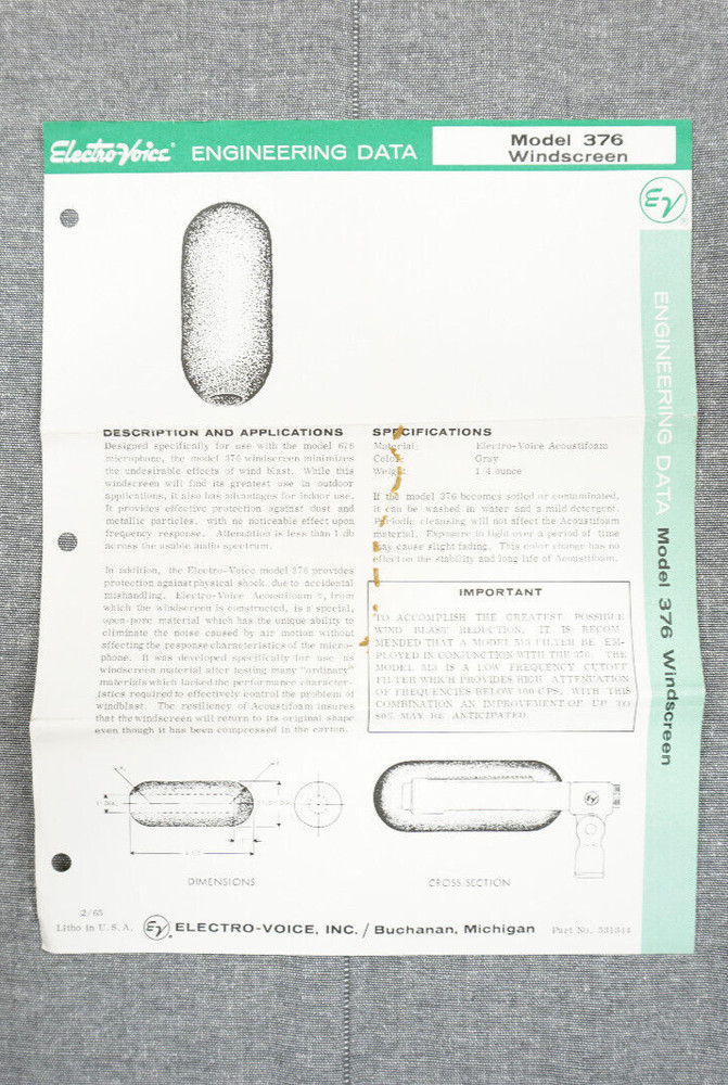 Vtg Electro-Voice Model 376 Windscreen Engineering Data