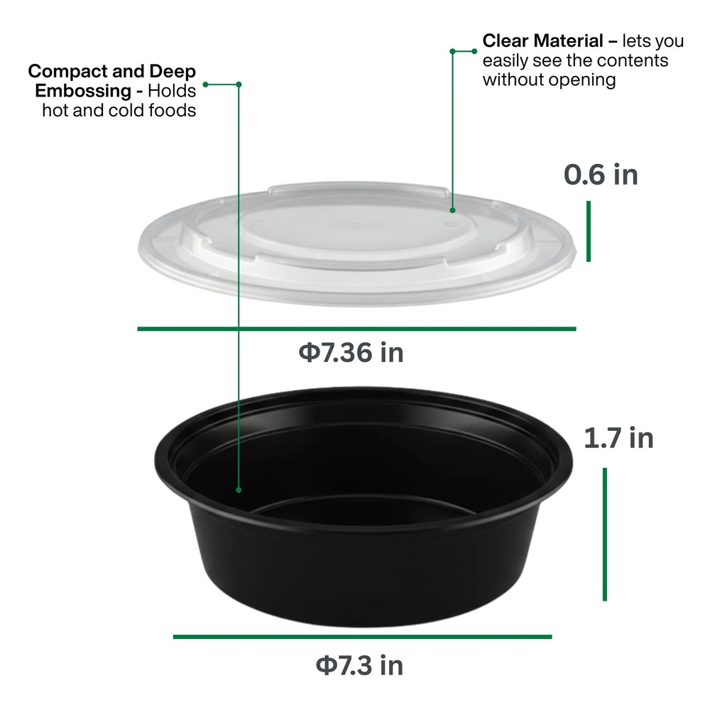 24oz Round Microwaveable Container with Lid, 150 Sets (50/6)