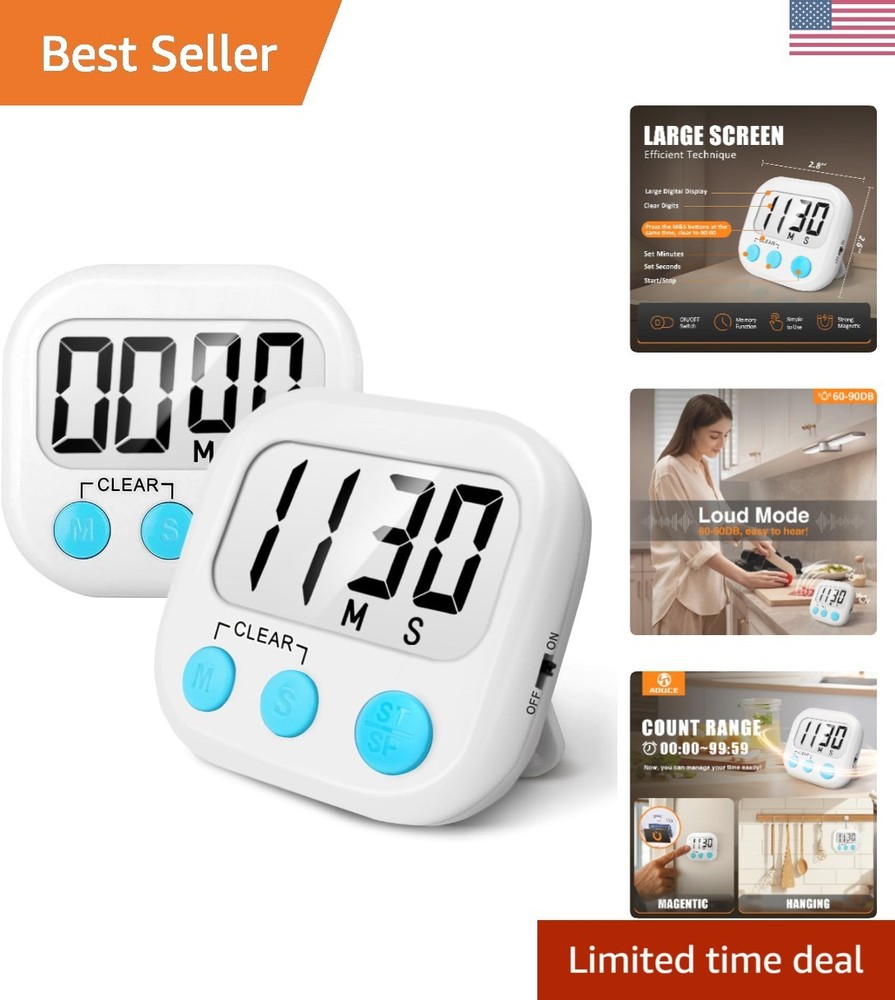 Cooking Timers 2 Pack with Loud Buzzer & Memory Function - Stylish White Design