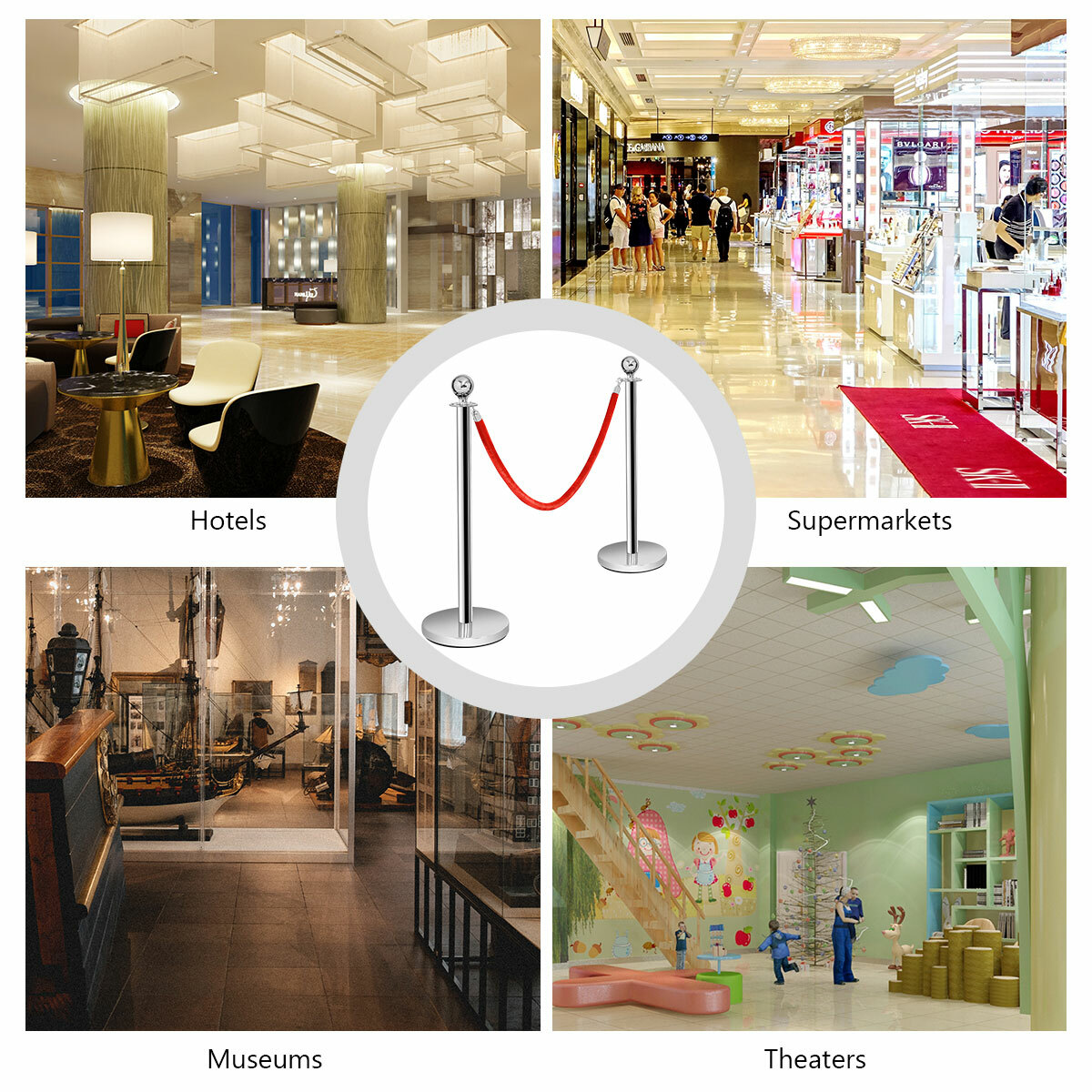 6Pcs Stanchion Posts Queue Pole Retractable 3 Velvet Ropes Crowd Control Barrier