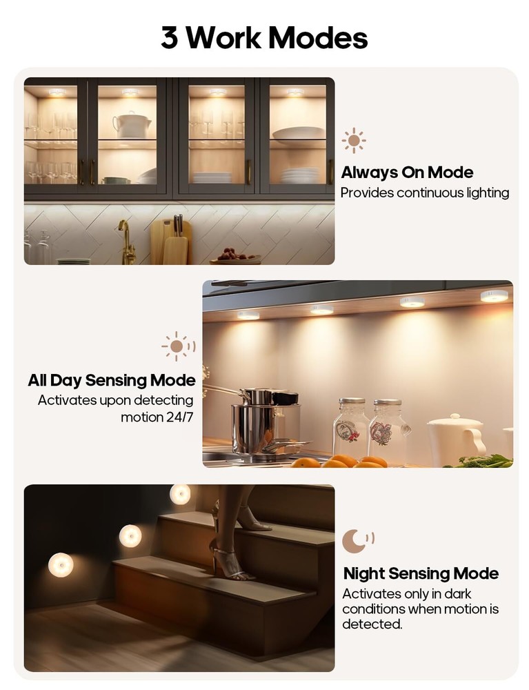 Led Under Cabinet Lights Wireless Motion Sensor Rechargeable Light Puck Light...