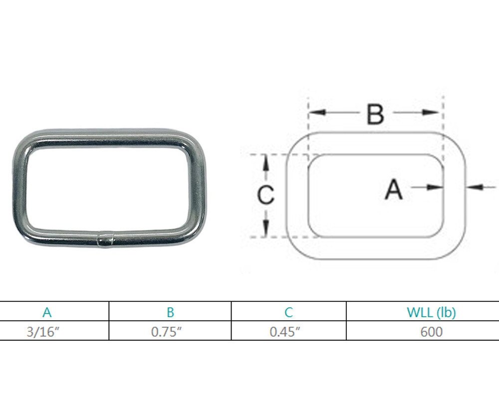 Marine Sailing Stainless Steel 3/16" Rectangular Ring 600 Lb Rectangle Ring 4Pcs