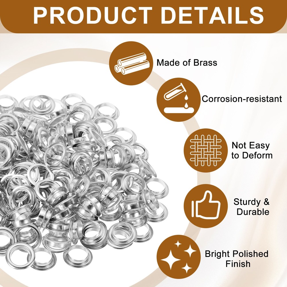 100 Sets Grommets Eyelets, 10mm Brass Self Backing Eyelets, Silver Tone