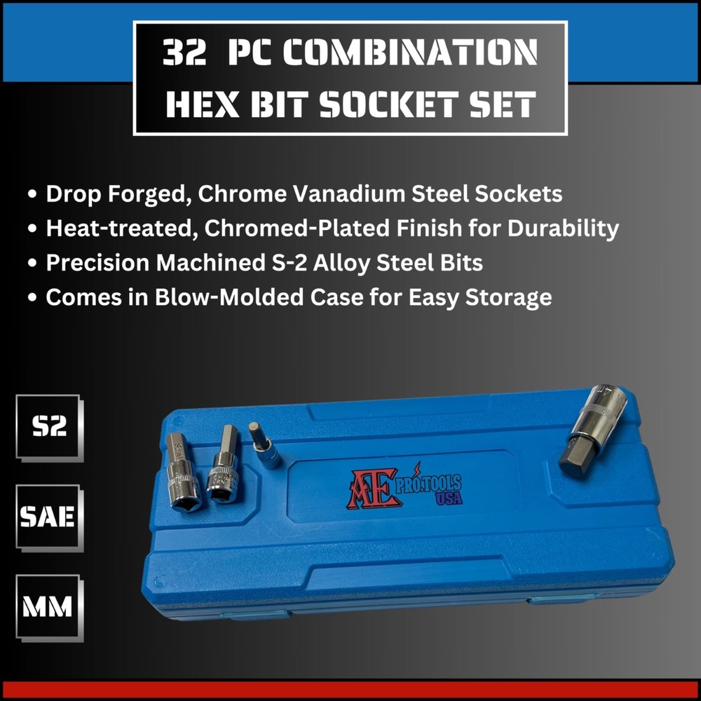 32 PC Master Hex Bit Socket Set | Allen Socket (SAE & Metric) 1/4'', 3/8”, 1/2"