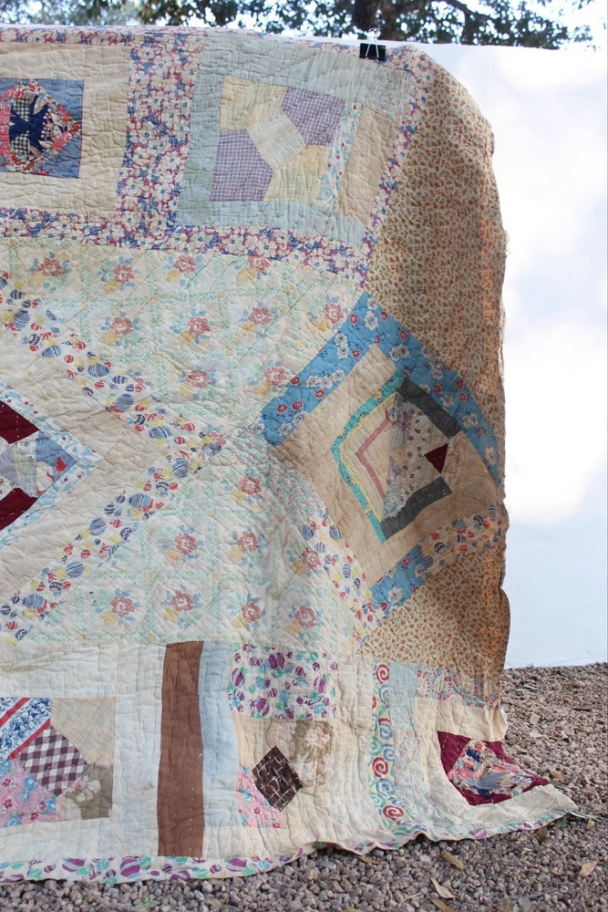 Antique Double Sided Scrap Frame Medallion Patchwork Quilt RARE