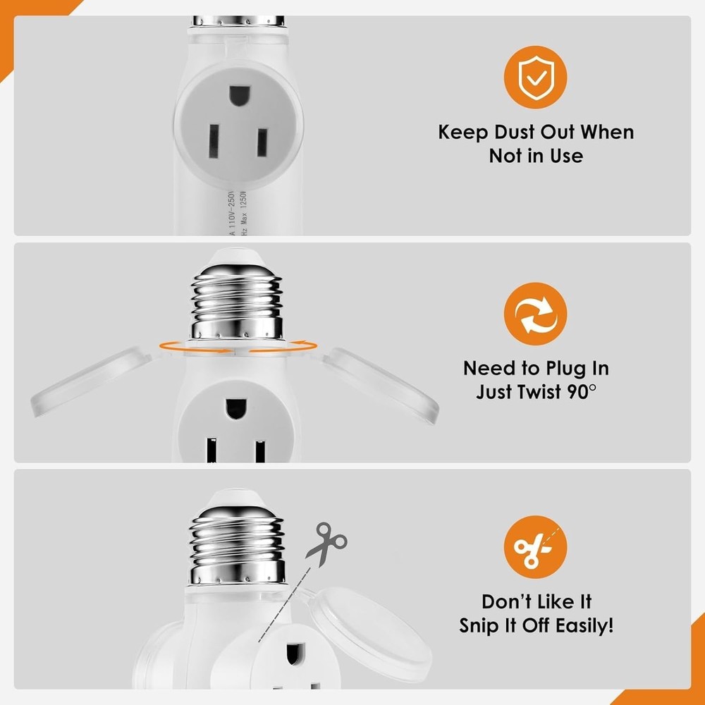 Light Socket Adapter 3 Prong Splitter Waterproof Dustproof White 2-Pack