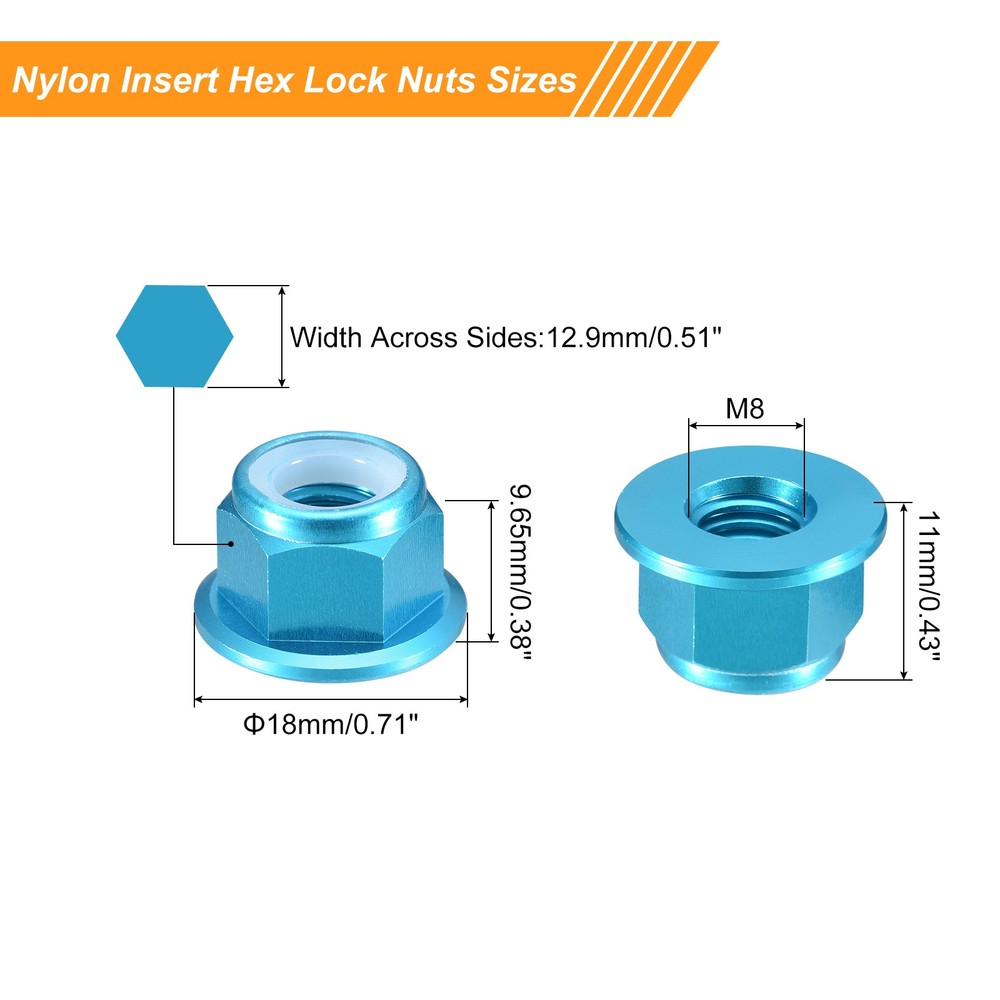 Nylon Insert Hex Lock Nuts, 8pcs - M8x1.25mm Self-Locking Nut(Sky Blue)