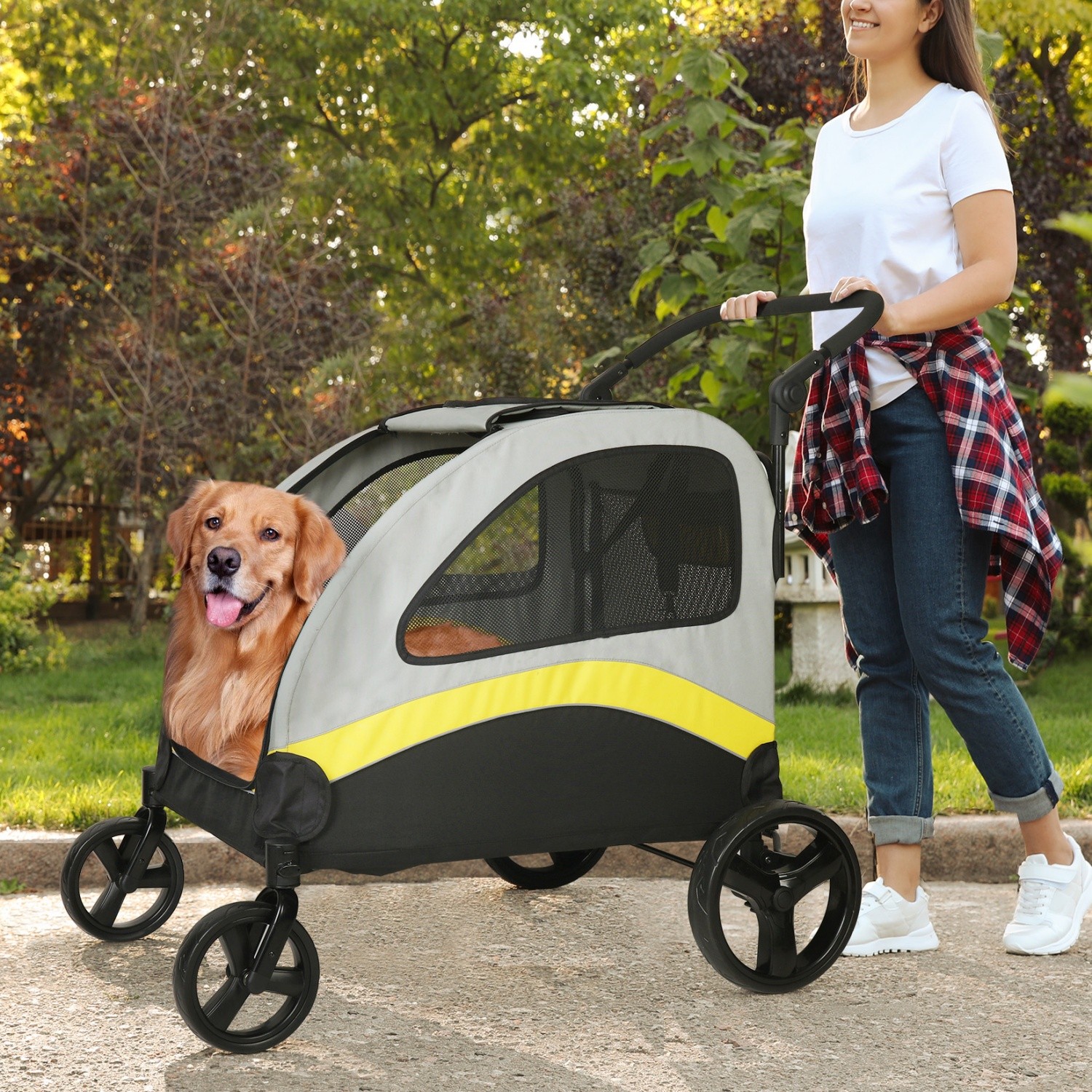 Foldable Large Pet Jogger Wagon Stroller with 4 Heavy Wheels Adjustable Handle