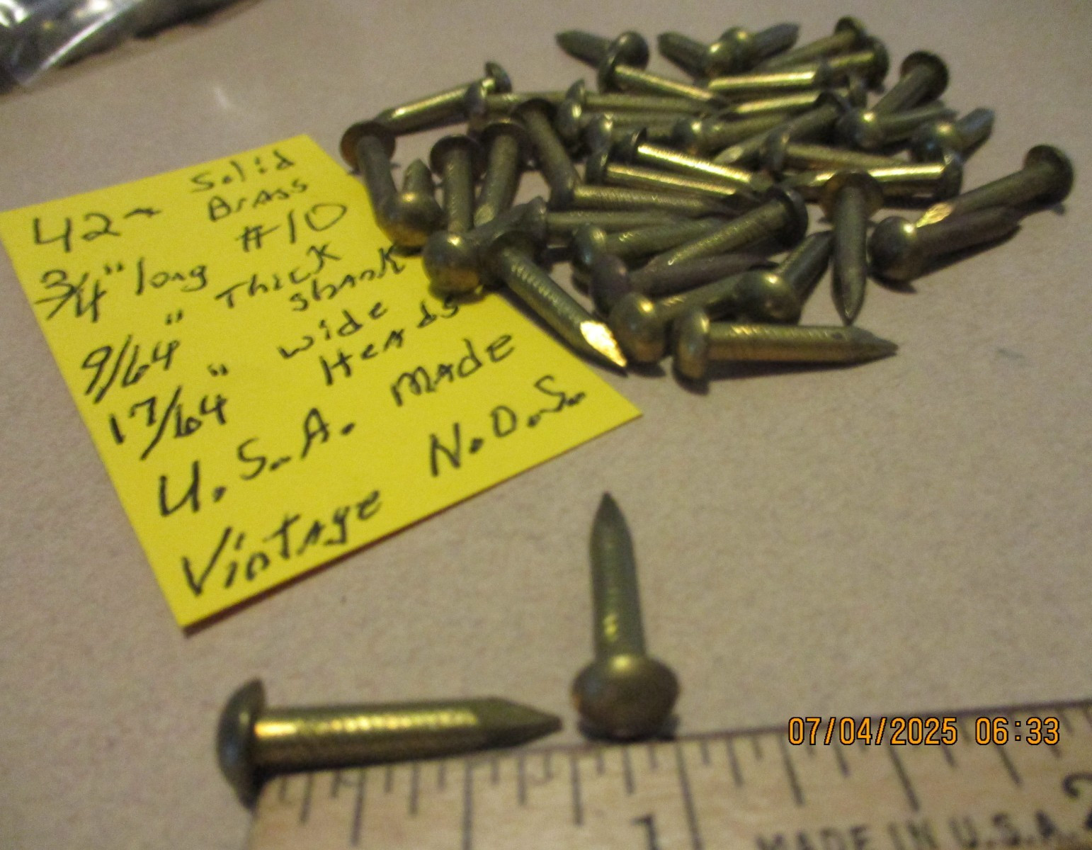 42--VINTAGE, 3/4" X #10, SOLID BRASS ESCUTCHEON PINS NAILS, BIG ROUND DOME HEADS