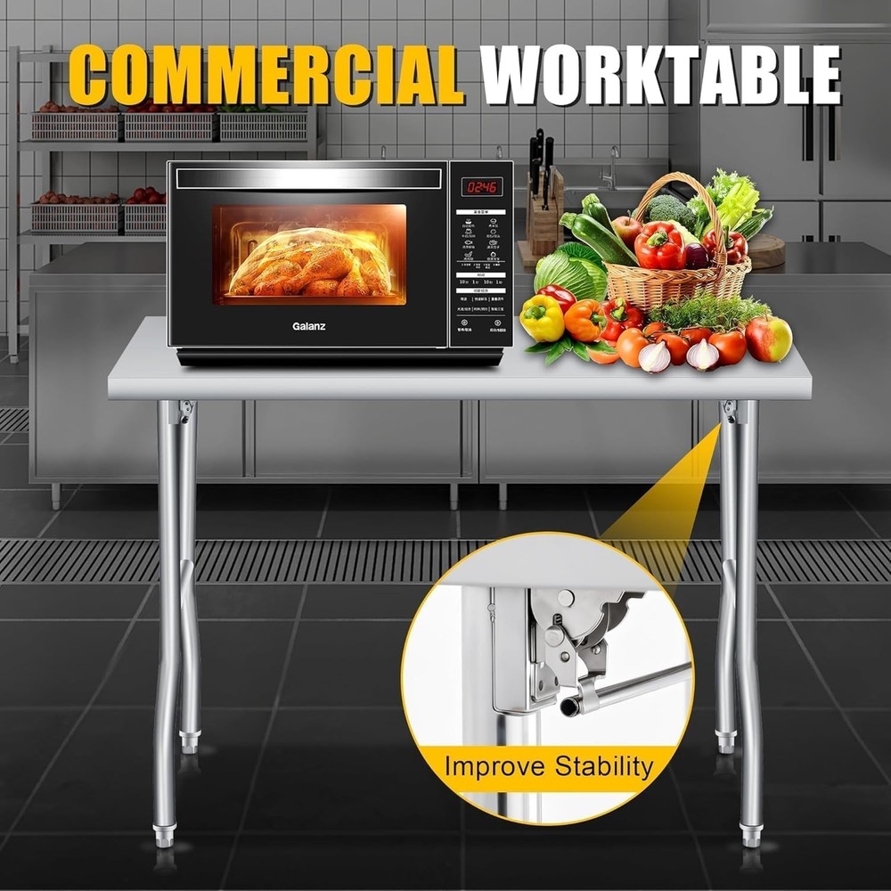 Stainless Steel Work Table, Kitchen Prep Station with Adjustable Height Feet