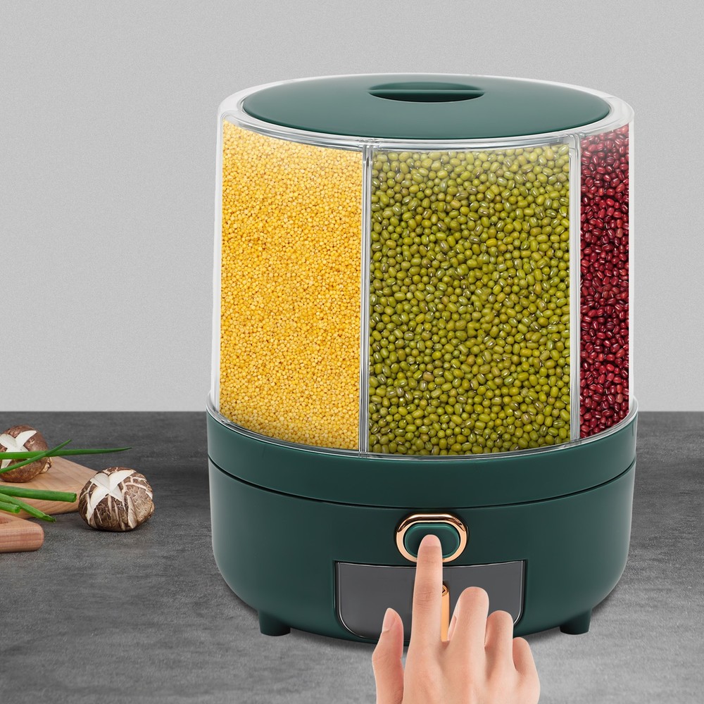 Rice Storage Container with 6 Compartments, Rotatable Dispenser for Grains