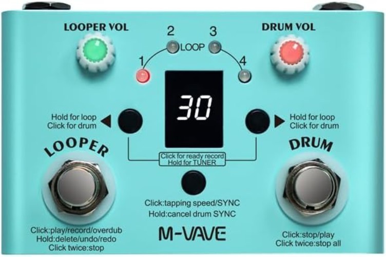 Looper Pedal Drum Machine with Tuner 11-Minute Loop, 30 Preset Drum Patterns,...