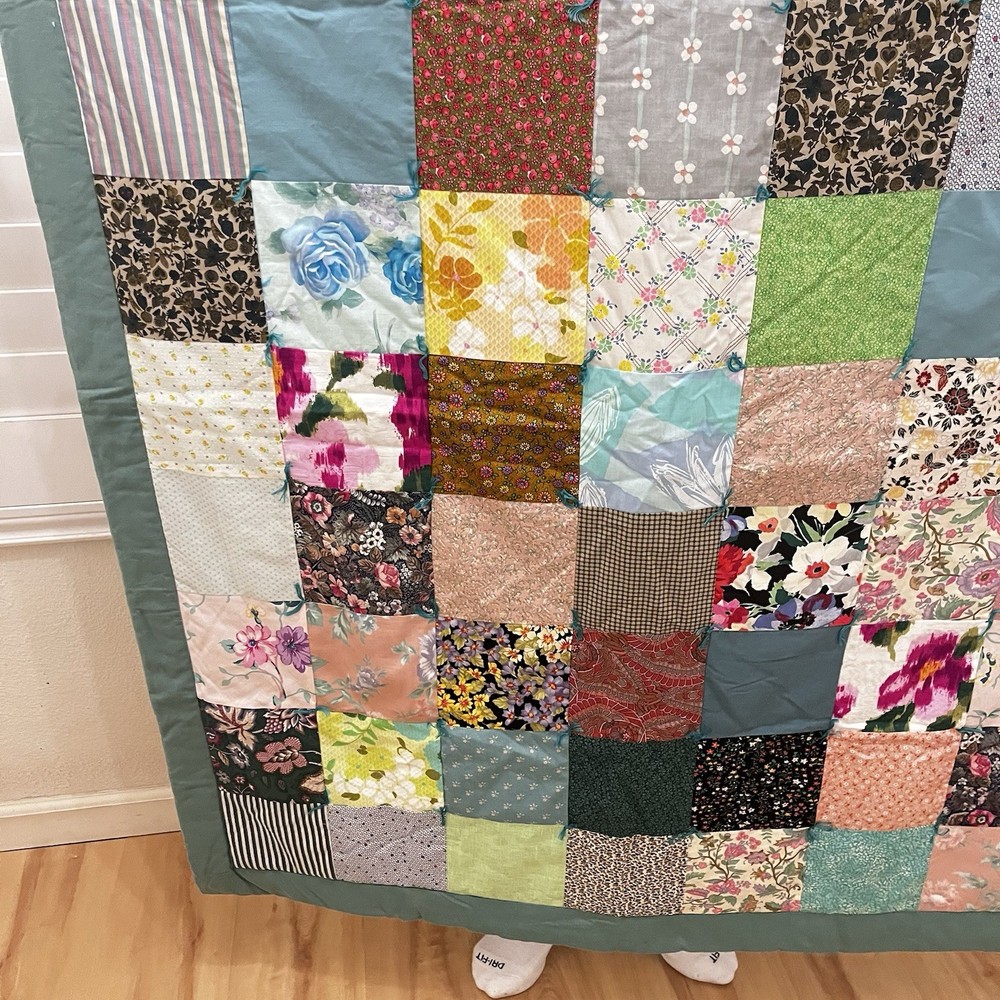 Handmade Patchwork Quilt Throw Lap Blanket Floral Teal Green