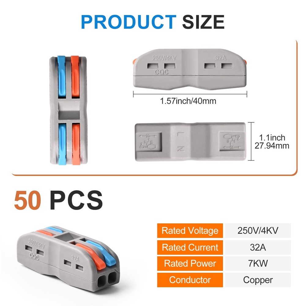 Wire Connectors Nuts, 50pcs 2 Conductor Compact Splicing Wire Connectors, 2 i...