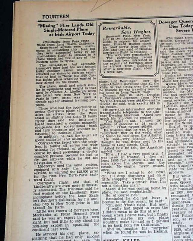 DOUGLAS Wrong Way CORRIGAN Transatlantic Ocean Airplane Flight 1938 Newspaper