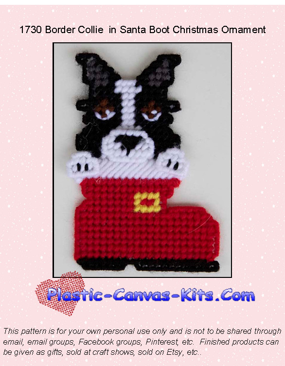 Border Collie in Santa Boot Christmas Ornament-Plastic Canvas Pattern or Kit