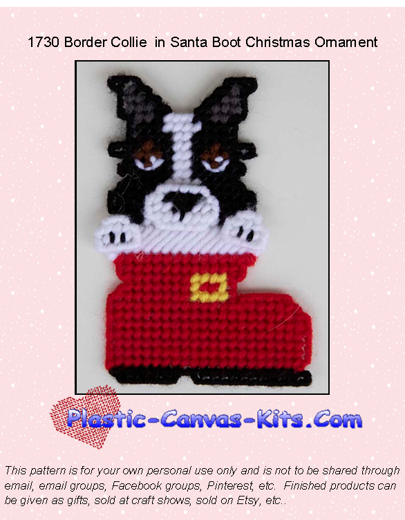 Border Collie in Santa Boot Christmas Ornament-Plastic Canvas Pattern or Kit
