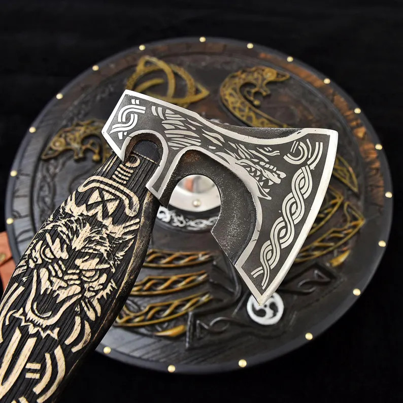 Custom Viking Shield & Axe Set Handmade Viking Round Shield Viking Axe