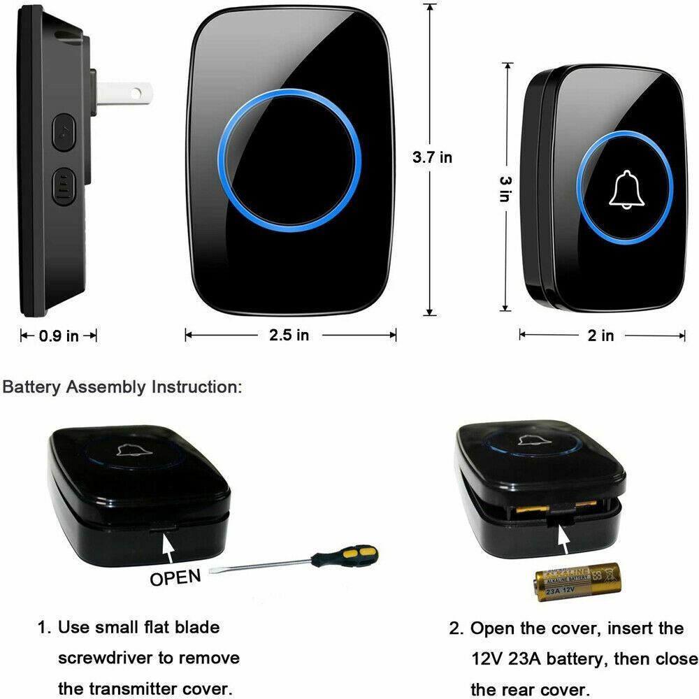 Waterproof Wireless Doorbell Adjustable Volume 1000FT Plugin Receiver 38 Chime