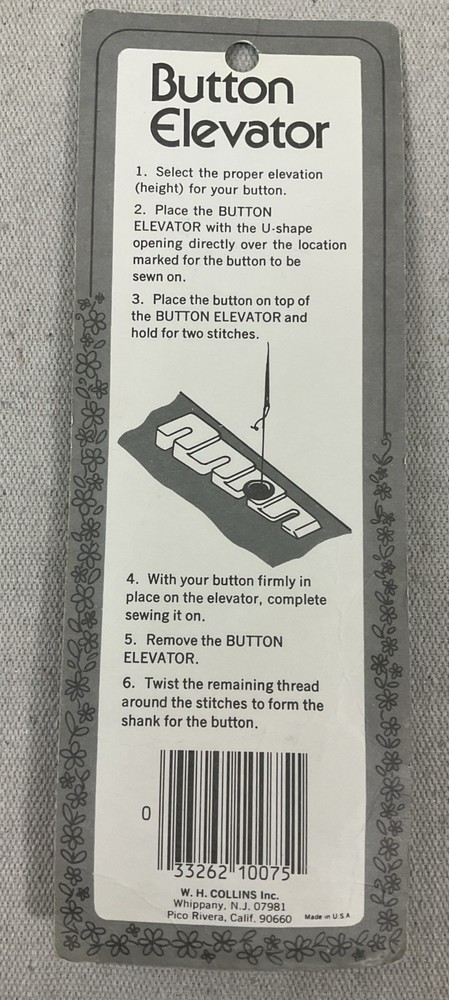 Button Elevator for Effortless Sewing W. H. Collins Inc. Vintage