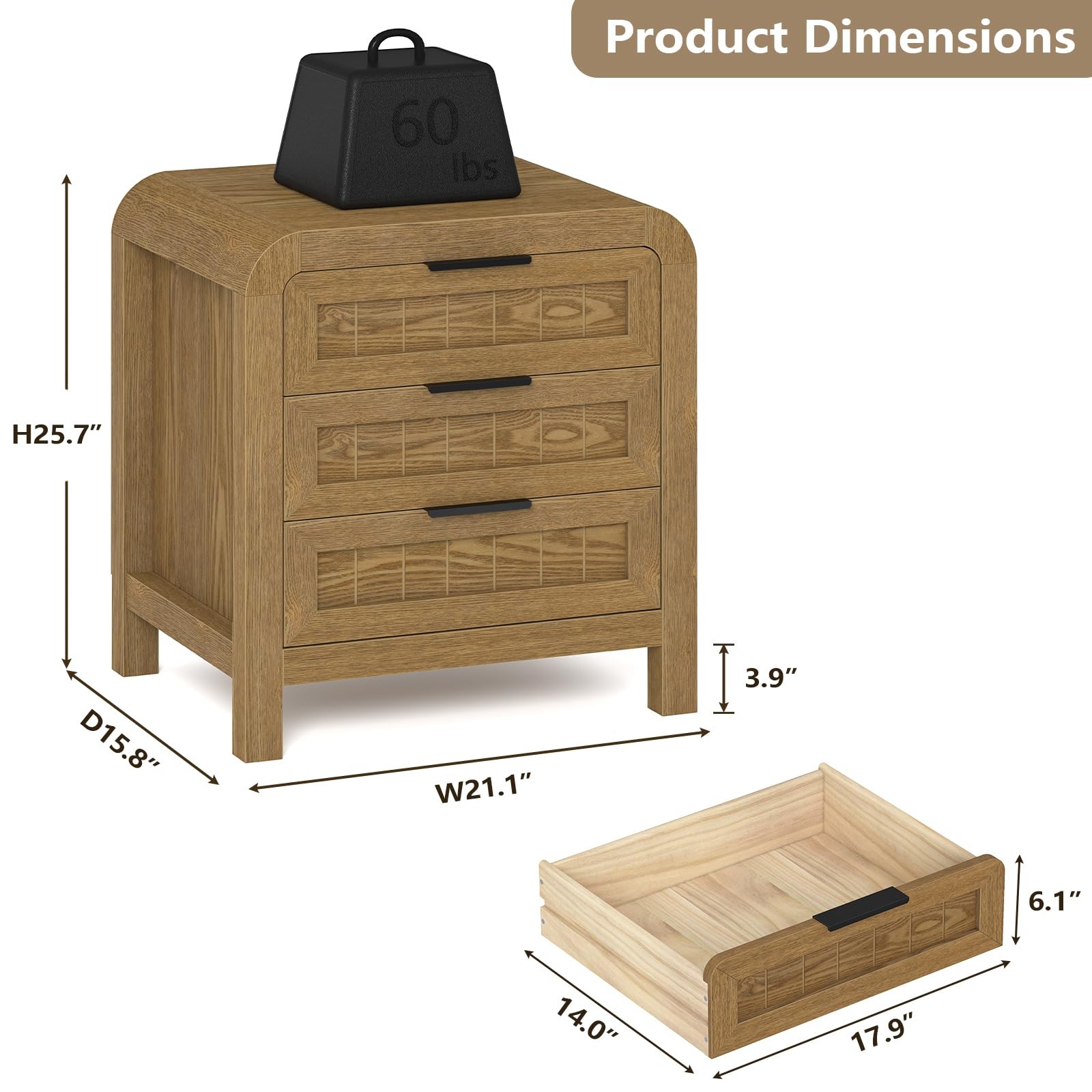 Curved NightStand Set of 2 with 3 Drawer 21" Solid Wood Nightstand