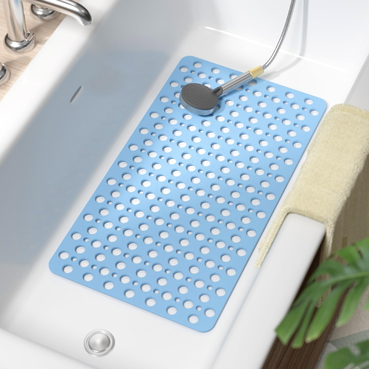 Non Slip Bathtub Mat 28x15in Blue Shower Safety Mat w/ Drain Holes & Suction