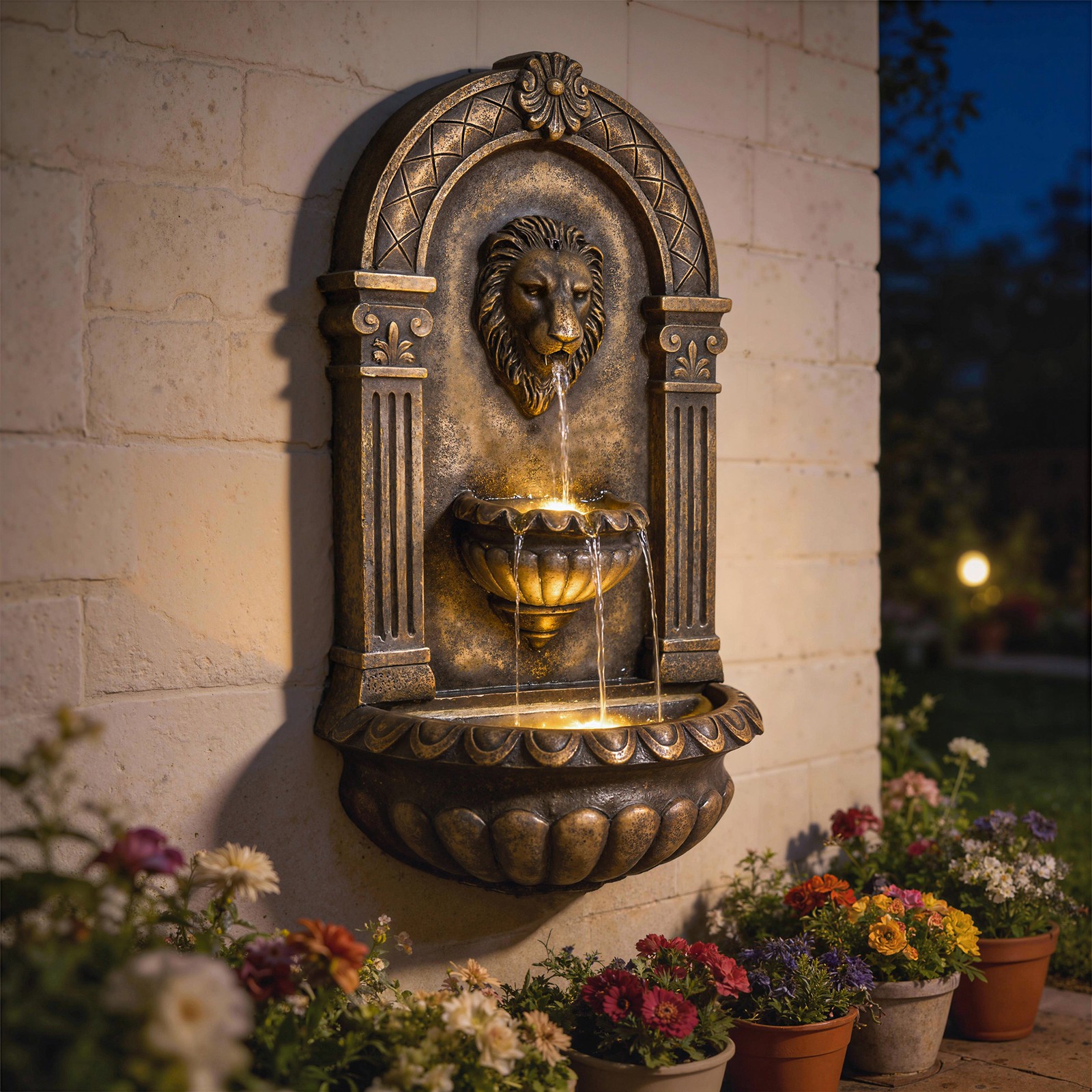 Wall-Mounted 3-Tier Outdoor Fountain with LED Lights, New