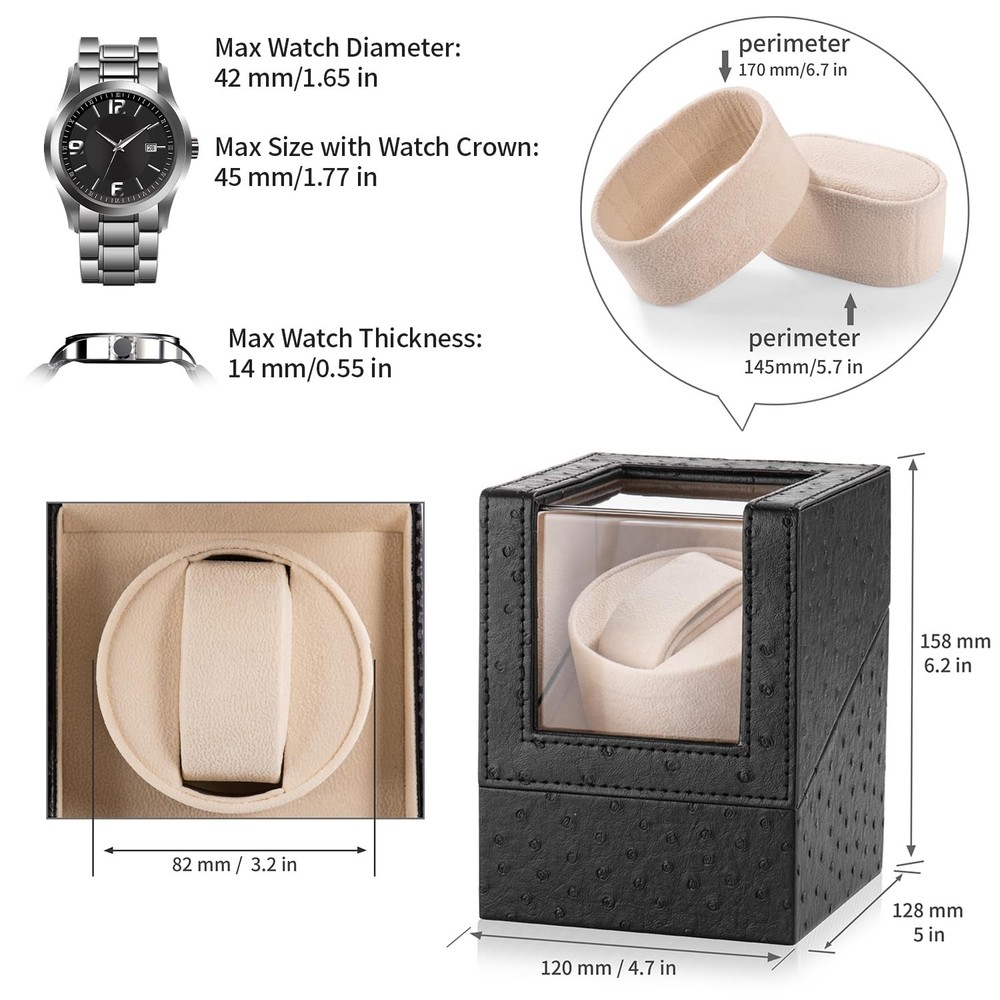 Efaithtek Automatic Single Watch Winder in Black Ostrich Pattern Leather