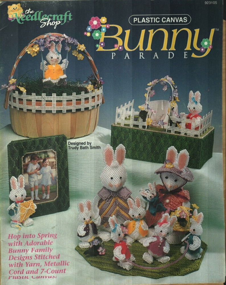 USED BUNNY PARADE TISSUE COVER SPRING CENTERPIECE PLASTIC CANVAS PATTERN BOOK