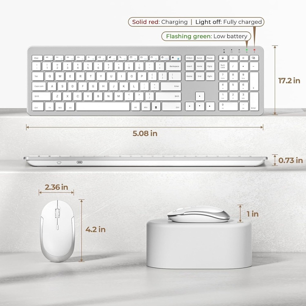 Rechargeable Full-Size Wireless Keyboard and Mouse - Modern Silver & White Combo