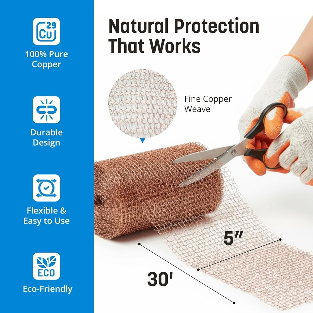 Copper Mesh Rodent Control – 5" x 30' Rustproof Copper Wool Roll for Wall Hol...