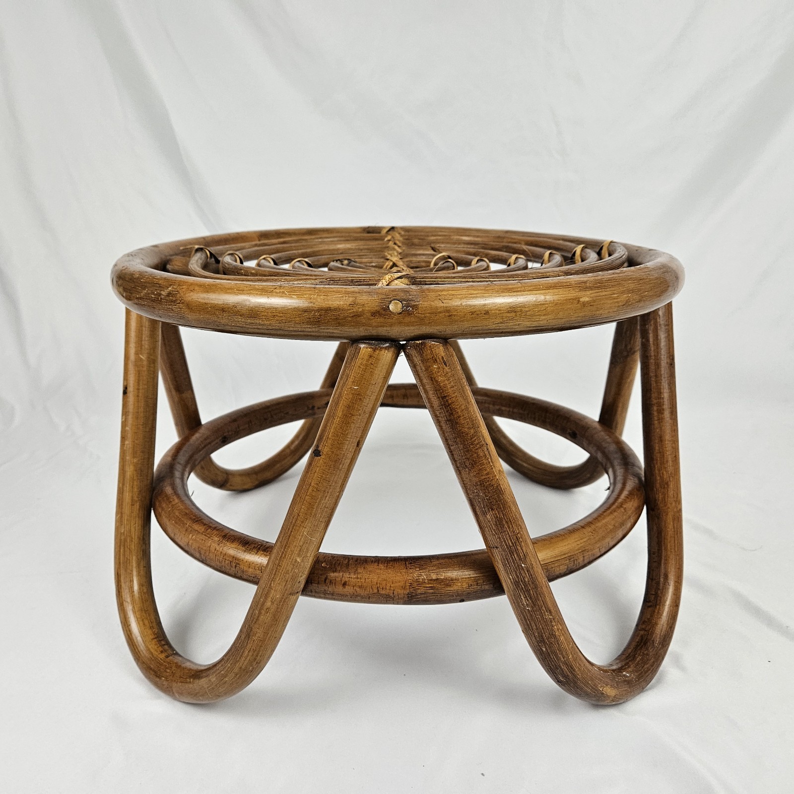 Vintage Rattan Footstool Ottoman Plant Stand Bent Bamboo Boho Mid-Century Modern