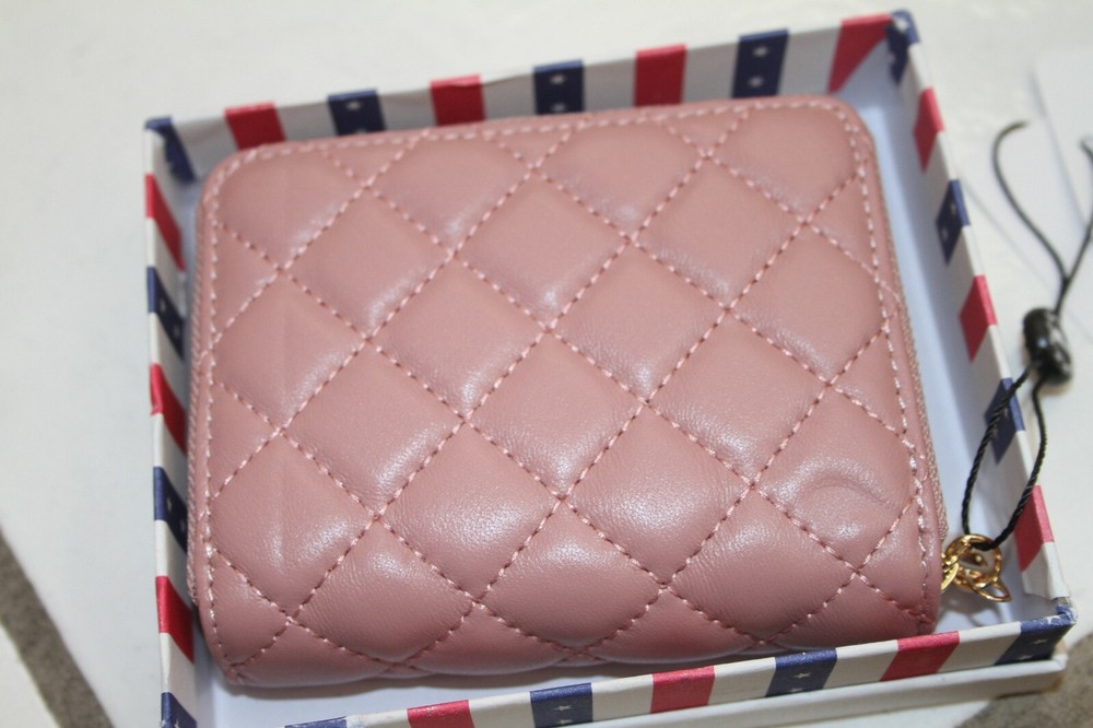 BISON DENIM Leather Wallet Womens Zip Around Light Pink Quilted Pattern