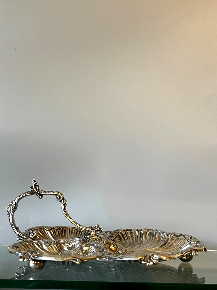 Antique Silver Plate Triple Shell Footed Serving Tray