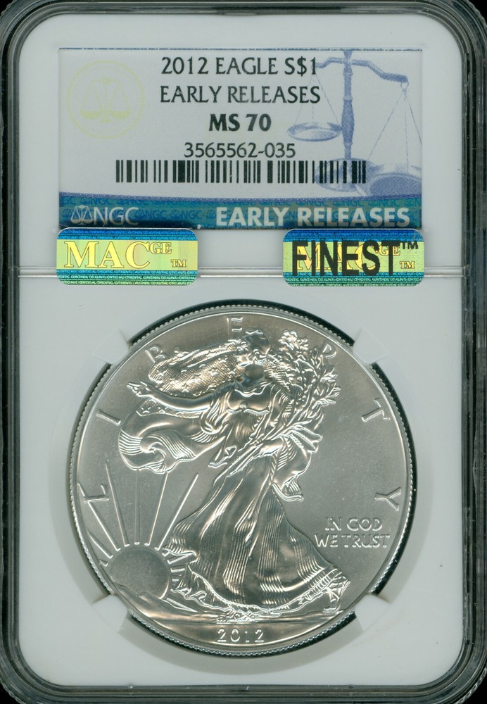 2012 SILVER EAGLE NGC MS70 ER MAC FINEST GRADE & SPOTLESS .