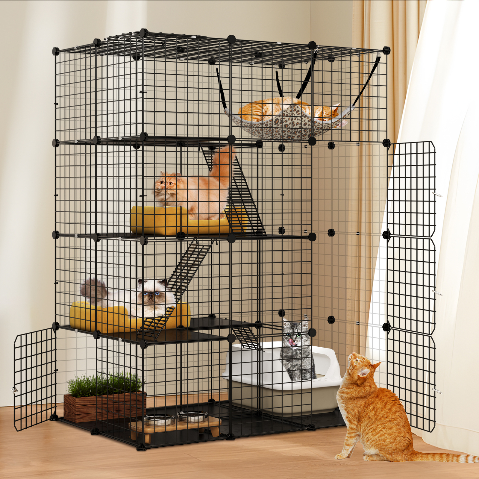 Large Cat Cage Enclosure Metal Wire 4-Tier Kennel DIY Playpen Catio w/ Hammock