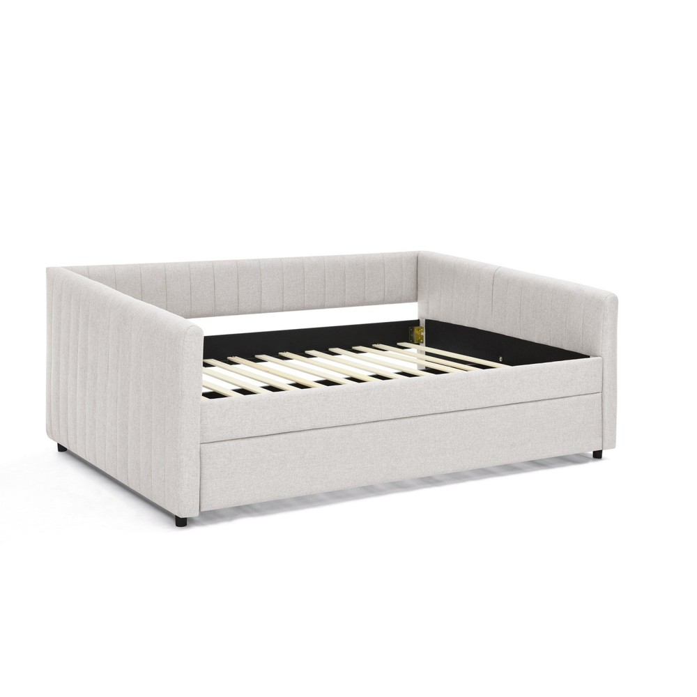 Full Daybed Modern Linen Upholstered Bed Frame Sofa Bed with Pull-Out Trundle