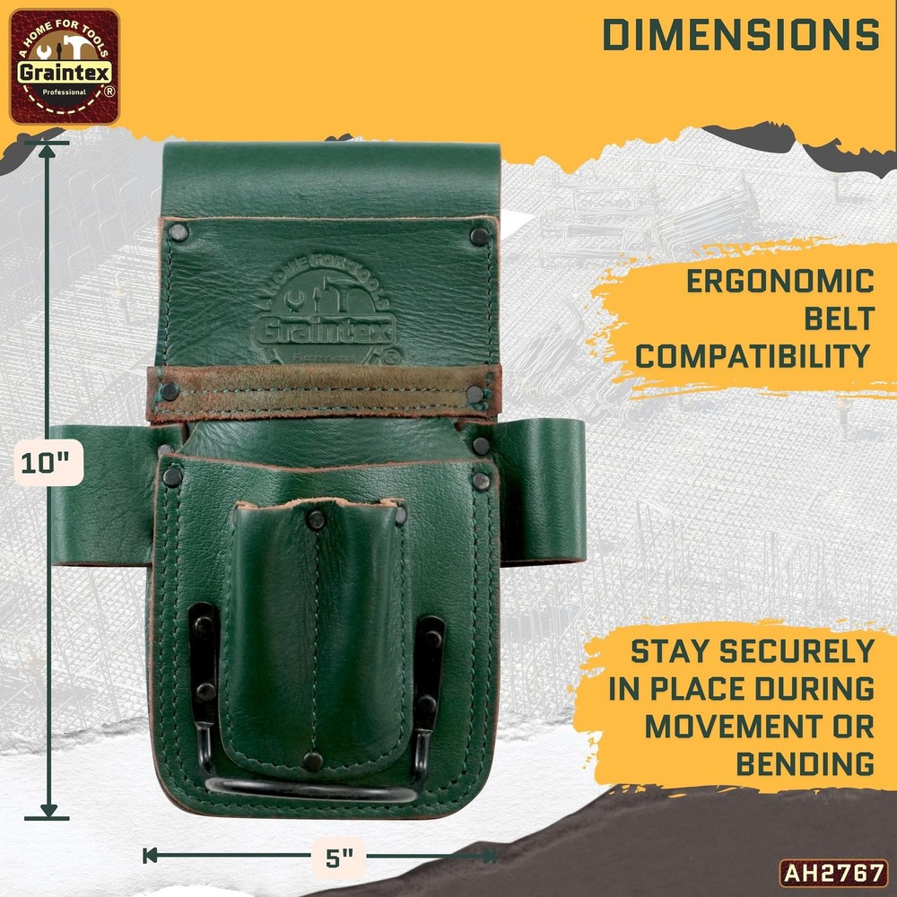 Graintex Multi-Tool Pouch: Leather, 5-Pocket, Hammer Loop, Ideal for Pros
